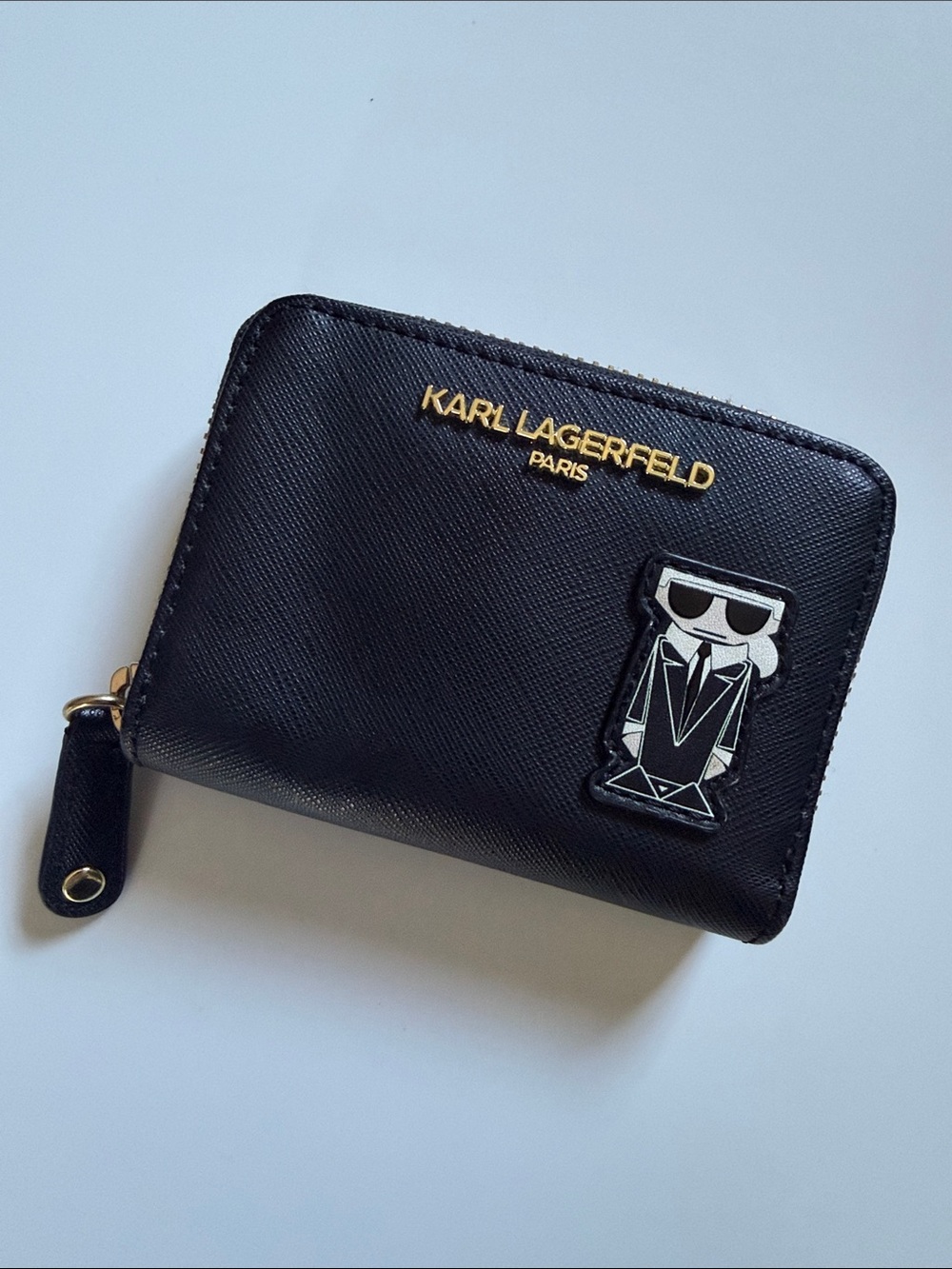 Karl Lagerfeld Black Zip-Around Cards holder Wallet with Character Patch